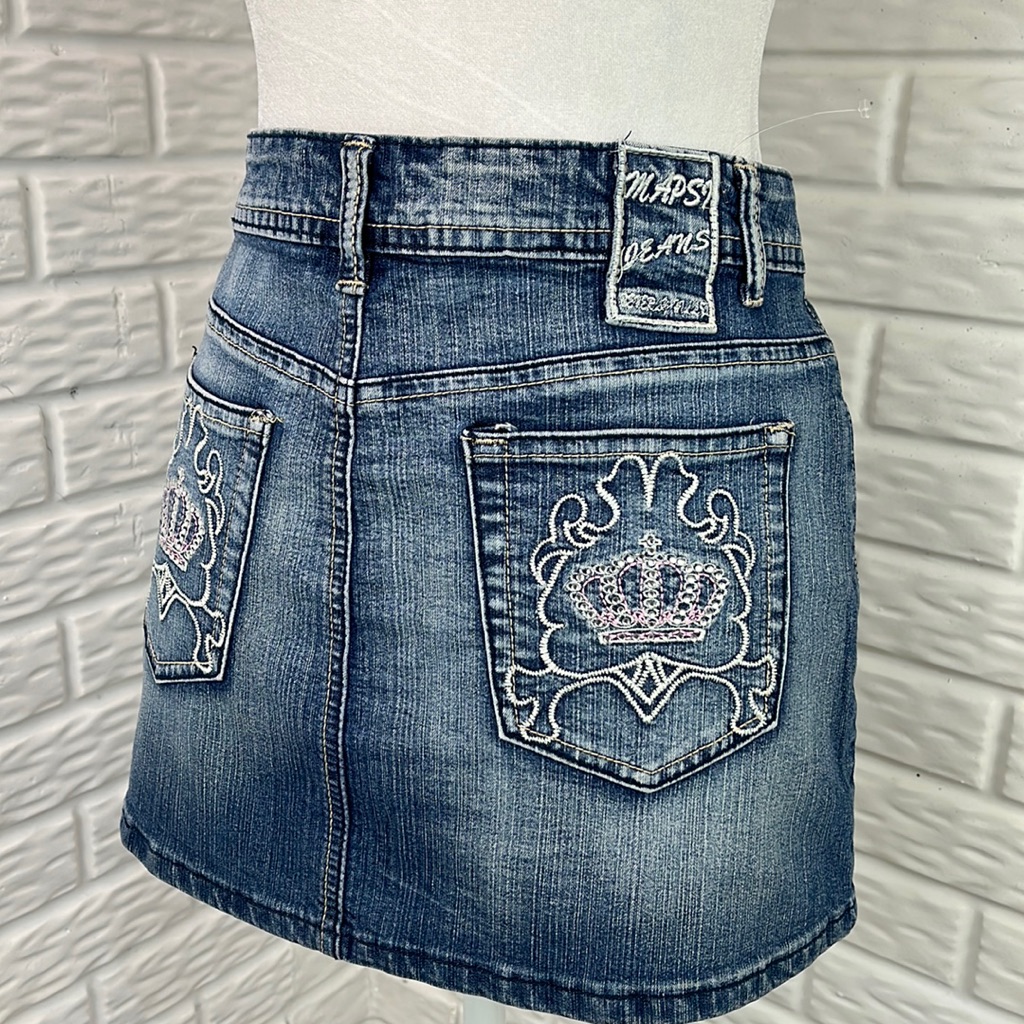 Mapsi Jeans Mini Skirt Denim Jean Rhinestone Distressed Juniors Size Large Jr